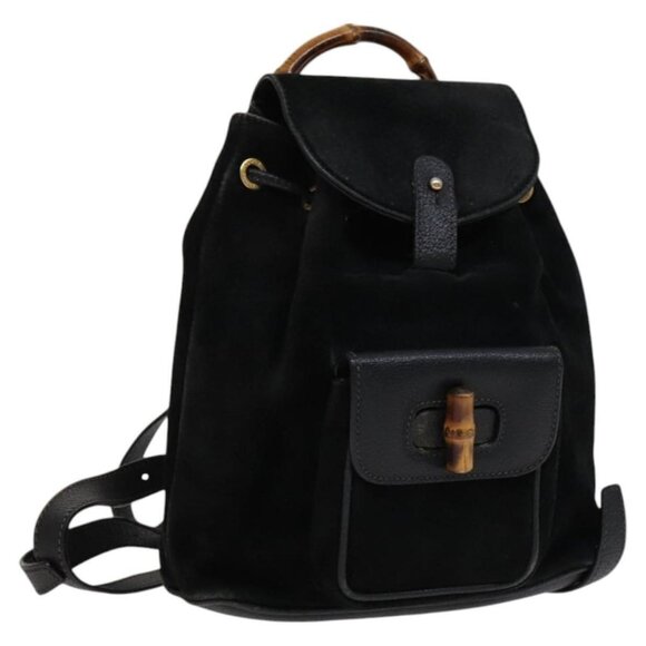 GUCCI Bamboo Backpack Suede Leather Black Gold 003 1705 0030 Auth am7820 - Picture 1 of 16